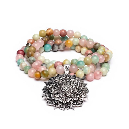Mala Rosenquarz/ Amazonit/ Rhodonit + Lotus